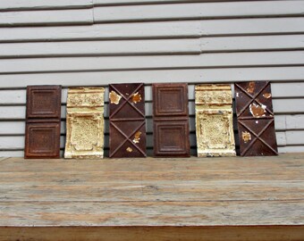 Tin ceiling tiles, 6 old metal tiles, Vintage craft supply, Unframed remnants from our workshop, Antique architectural salvage