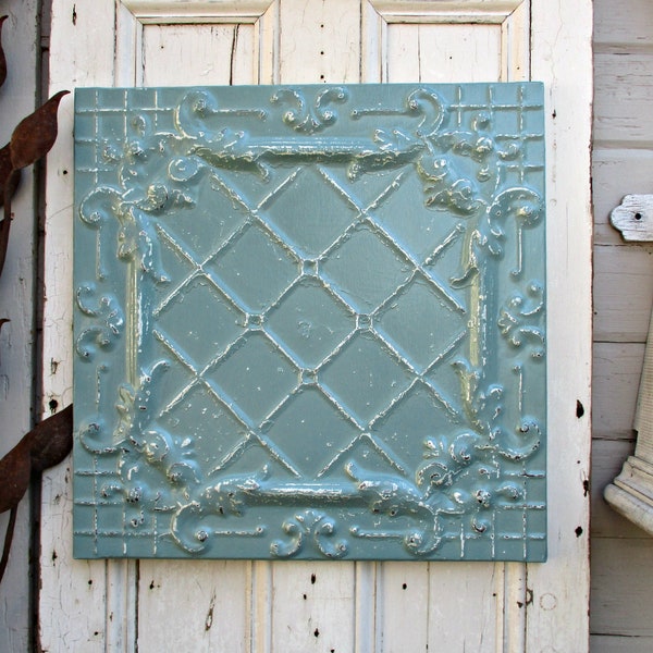 Antique Ceiling Tile,  24", Vintage architectural salvage wall decor, Aqua turquoise beach wall art, Old tin ceiling tile,