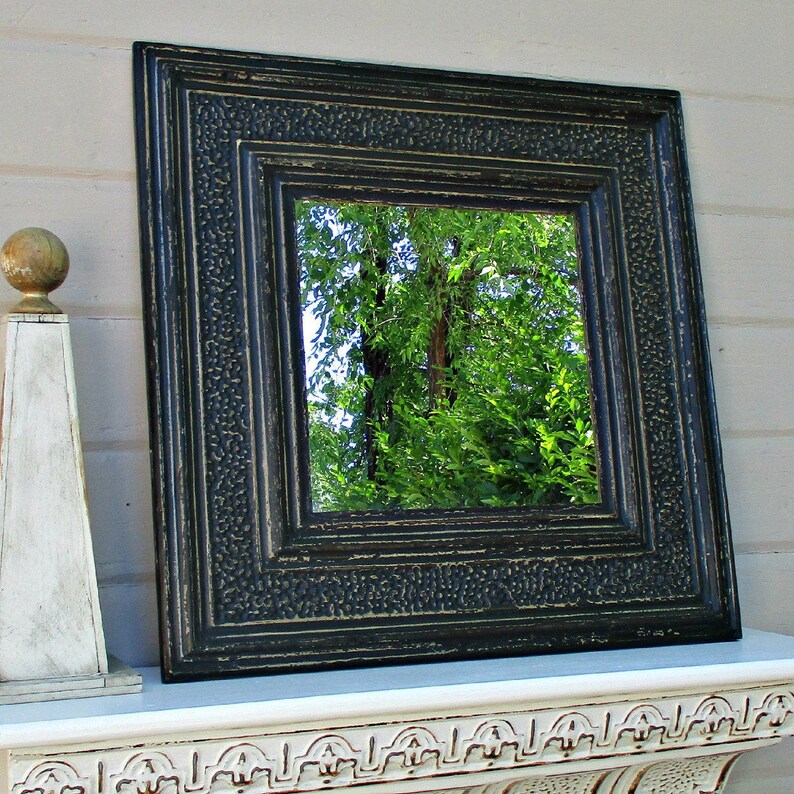 Tin Ceiling Tile Mirror 2 X2 Antique Architectural Salvage Black Wall Mirror Bathroom Bedroom Mirror Black Wall Decor