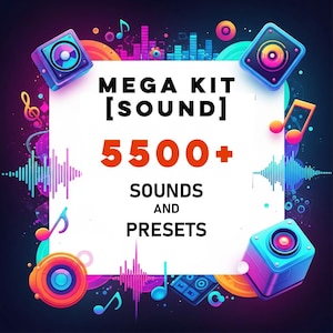 May include: A digital graphic with the text "MEGA KIT [SOUND] 5500+ SOUNDS AND PRESETS". The image features colorful sound wave graphics, musical notes, and speaker icons in shades of blue, orange, and purple.