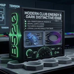 Può includere: Una scatola rettangolare nera per la produzione audio etichettata B520 con accenti al neon verdi. Il pannello frontale mostra testo tra cui MODERN CLUB ENERGY & DARK DISTINCTIVE EDGE, una chiavetta USB trasparente, cavi audio viola e manopole.
