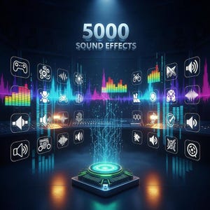 May include: Digital graphic with the text "5000 SOUND EFFECTS" above a series of icons representing sound waves, music, and other audio-related symbols. The image has a futuristic, tech-inspired aesthetic with a dark blue and green color scheme.