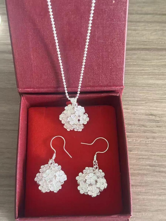 Sterling Silver Hydrangea Flower Women Pendant Necklace - Dangle Drop Earrings Jewelry Set, Handmade Solid Silver Jewelry Set