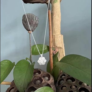 May include: A silver necklace with a round, clustered pendant. The pendant is made of small, reflective beads. The necklace hangs against a backdrop of green leaves, dried seed pods, and a wooden decorative element.