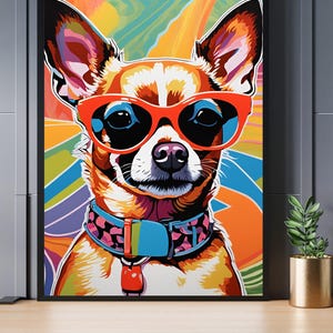 Chihuahua retro wall decor - With cool sun classes - Colorful Wall Art - Digital Dog Print - Chihuahua art - Chihuahua Picture