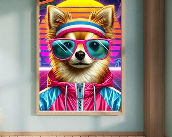 Funny Chihuahua 80s Poster: Retro Neon Dog Art (Digital Download)