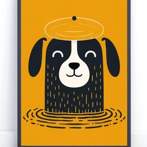 Minimalist Cute Dog Illustration – Playful Black and White Dog with Beret in Water – Dog line art – Living room decor – Dog Art Print.