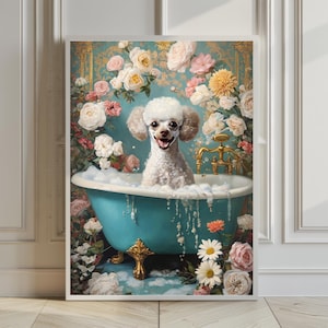 Vintage Poodle Bathroom Poster – Funny Dog Wall Art for Bathroom Decor | Bubble Bath Puppy Print | Gift for Dog Lovers & Pet Owners