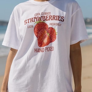 Hand-Pressed Strawberry Graphic Tee | Studio Prototype Sample | Unique Botanical Cottagecore Shirt (oversized Small)(neck label dodgy print)