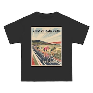 May include: Black t-shirt with a retro cycling race graphic. The design includes the text "GIRO D'ITALIA 2026" and "STAGE 12 - IMPERIA -> NOVI LIGURE (177 KM)". The image depicts cyclists racing on a road with a mountain backdrop.