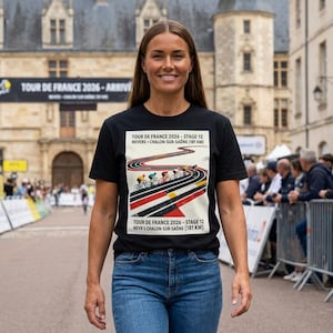 May include: Black t-shirt with a cycling-themed graphic, including text for "TOUR DE FRANCE 2026 - STAGE 12" and the distance of 181 km. The design shows cyclists on a winding track. The person is wearing blue jeans.