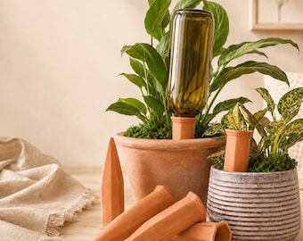 Estacas de riego de terracota ecológicas para plantas, reutiliza botellas de vidrio (juego de 4), riego de plantas en maceta