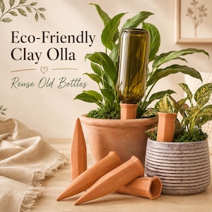 Estacas de riego de terracota ecológicas para plantas, reutiliza botellas de vidrio (juego de 4), riego de plantas en maceta