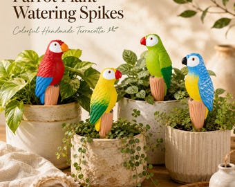 Estacas de riego para plantas con forma de loro de terracota, regalo hecho a mano, juego de 4, estacas de autorriego, decoración colorida