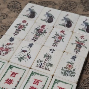 Puede incluir: Una colecci&oacute;n de fichas de Mahjong rectangulares de color blanco roto dispuestas en una cuadr&iacute;cula. Las fichas presentan ilustraciones pintadas a mano de pavos reales, arreglos florales y motivos bot&aacute;nicos en rojo, verde y negro, junto con caracteres chinos.