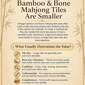 Puede incluir: Una infograf&iacute;a titulada Why Vintage Bamboo & Bone Mahjong Tiles Are Smaller, que incluye texto sobre las limitaciones de los materiales y una lista de factores de valor como el tama&ntilde;o, el grosor, el estado, la artesan&iacute;a y la integridad.