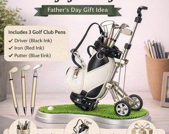 Golf Bag Stiftehalter-Set mit 3 Club-Stiften, Schreibtischdekoration, Geschenk zum Vatertag