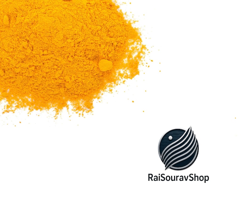 May include: A pile of vibrant, finely ground golden-yellow turmeric powder with a soft, powdery texture. Below the powder, a circular logo features dark blue curved lines and the text RaiSouravShop in a clean, black sans-serif font.