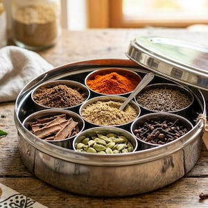 May include: A round stainless steel spice container with a lid, containing seven small removable bowls filled with various spices including cinnamon sticks, cardamom pods, cloves, and powders. A brown paper tag reads MASALA DABBA 7 ESSENTIAL SPICES.