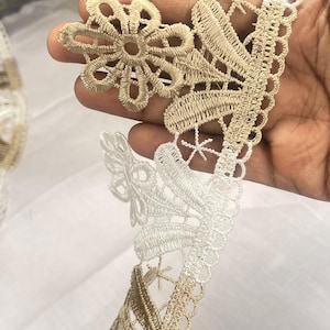 Beige Gold Floral Lace Trim: Embroidered Edging, 2 Yards x 7.5cm