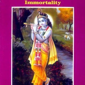 Może przedstawiać: Okładka książki z obrazem postaci grającej na flecie, ubranej w żółte i złote szaty oraz koronę. Tytuł brzmi "Discovery of Truth & Immortality" z nazwiskiem autora na dole.