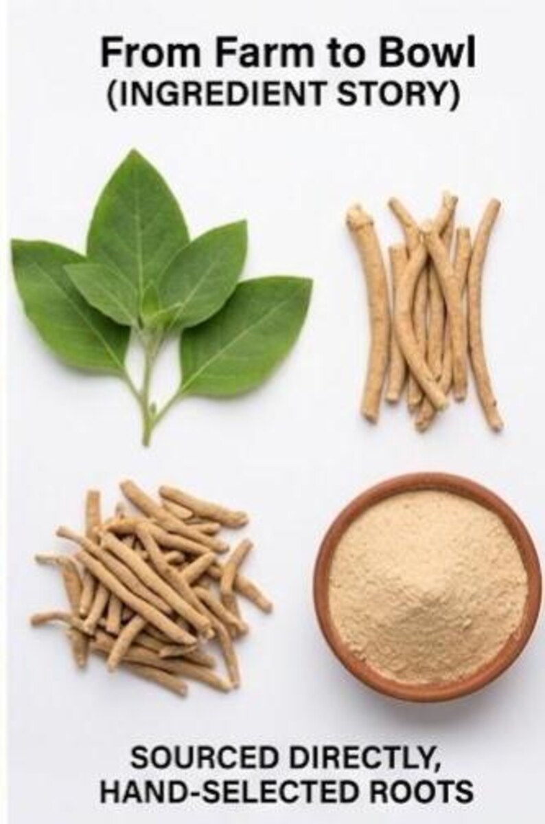 May include: An overhead shot features ingredients for a recipe. Green leaves, tan roots, and a bowl of tan powder are displayed. Text at the top reads "From Farm to Bowl (Ingredient Story)" and at the bottom, "Sourced Directly, Hand-Selected Roots."