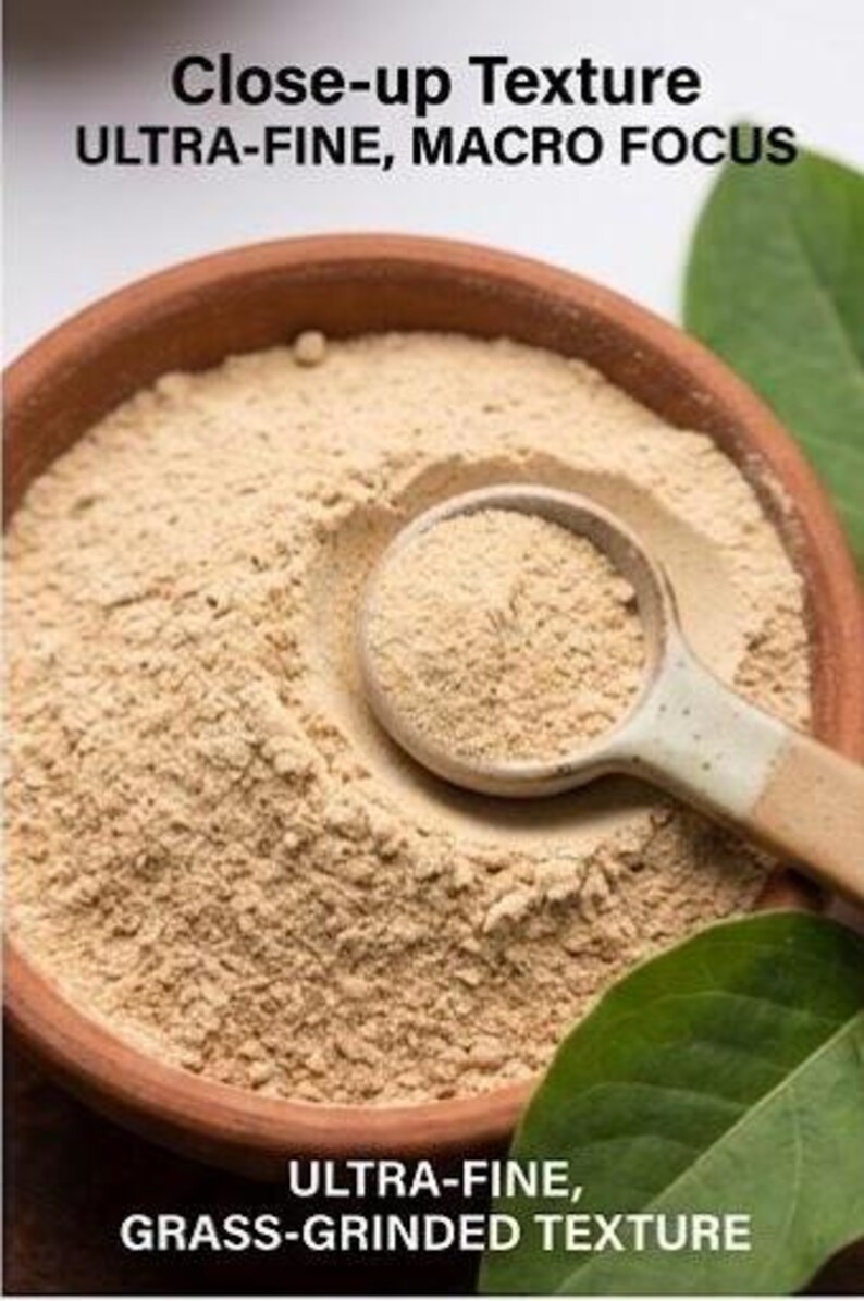 May include: Close-up of a brown ceramic bowl filled with fine, light brown powder, with a matching spoon resting inside. The image includes green leaves and text that reads "ULTRA-FINE, MACRO FOCUS" and "ULTRA-FINE, GRASS-GRINDED TEXTURE".