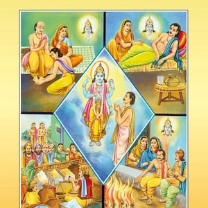 May include: A book cover with the title "Five Divine Abodes" in blue text. The cover features colorful illustrations of religious figures and scenes. The book is published by Gita Press, Gorakhpur.