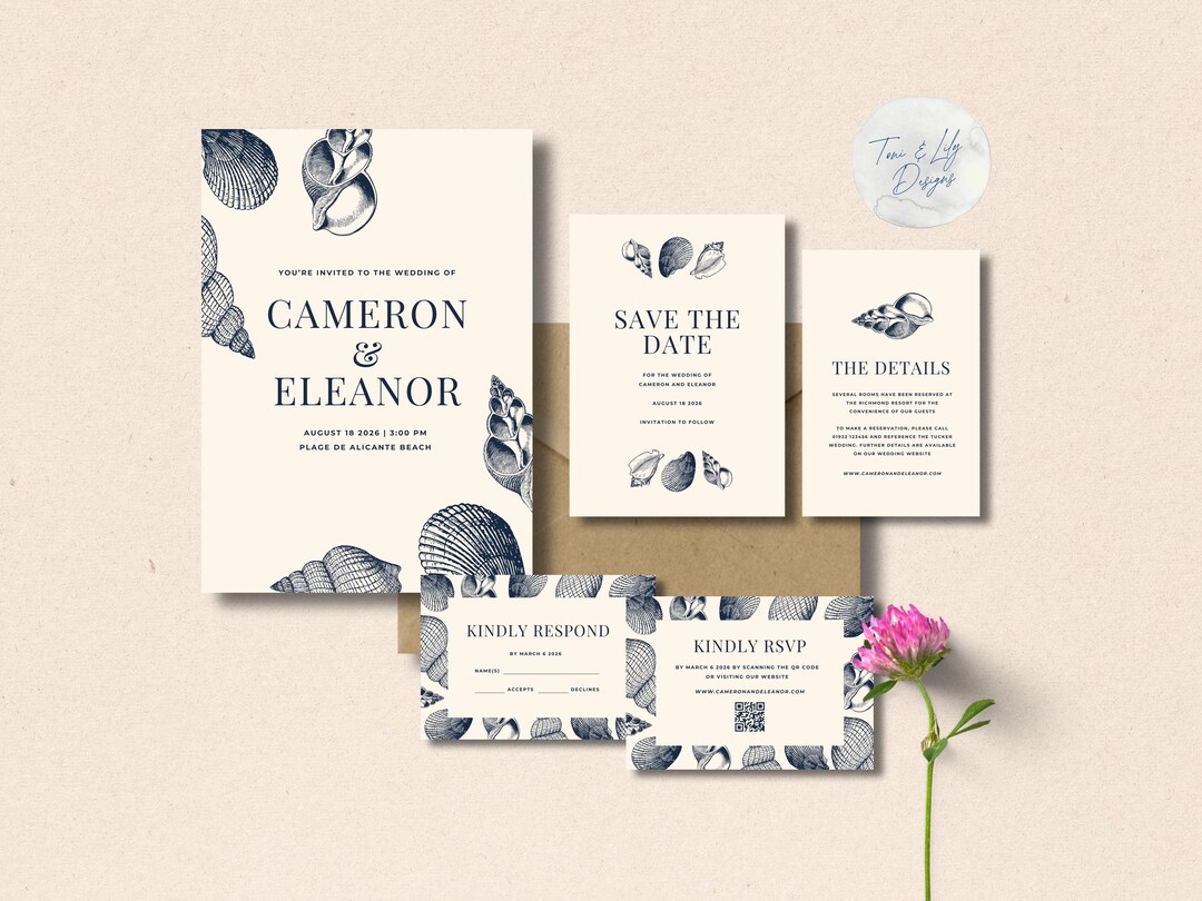 Coastal Wedding Suite | Nautical Shell Invitation Set | Elegant Beach ...