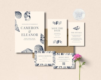 Coastal Wedding Suite | Nautical Shell Invitation Set | Elegant Beach Stationery
