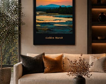 Golden Marsh Printable Wall Art, Wetland Landscape Poster, Sunset Reflection Print, Nature Decor, Digital Download