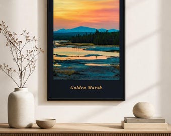 Gift for Him Printable Wall Art, Golden Marsh Poster, Sunset Landscape Print, Digital Download Decor