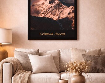 Snowy Mountain Printable Wall Art, Moody Landscape Poster, Crimson Ascent Print, Modern Nature Decor, Digital Download