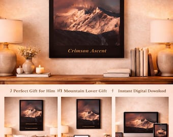 Gift for Him Printable Wall Art, Snowy Mountain Poster, Crimson Ascent Print, Digital Download Decor