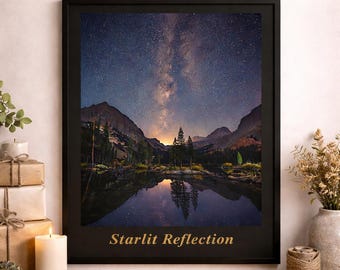 Gift for Him Printable Wall Art, Starlit Reflection Poster, Night Sky Lake Print, Digital Download Decor