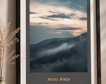 Gift for Him Printable Wall Art, Misty Ridge Poster, Foggy Mountain Print, Digital Download Decor