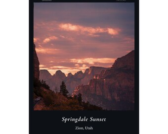 Affiche coucher de soleil de Springdale | Poster vertical mat, paysage de Zion, Utah