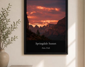 Impression d'art mural Zion, affiche du coucher de soleil de Springdale, paysage de l'Utah imprimable, art mural Desert Canyon, téléchargement numérique du parc national