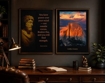 Set of 2 Stoic Wall Art Prints, Marcus Aurelius Quote Poster, Yosemite Mountain Wall Art, Masculine Office Decor