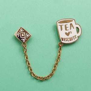 Tea Loves Biscuits Chained Enamel Pin Duo - Mug Lapel Pin - Cup Badge - Chain Collar Clip