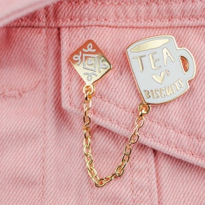 Tea Loves Biscuits Chained Enamel Pin Duo Mug Lapel Pin Cup Badge Chain Collar Clip Cookie & Tea Pin Tea Flair image 1