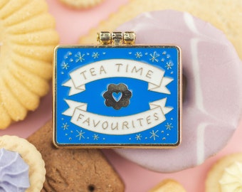 Teatime Favourites Biscuit Tin Surprise Inside - Blue & Gold - Enamel Pin / Pin Badge - Flair - Enamel Badge - Cookie Pin