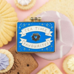 Teatime Favourites Biscuit Tin Surprise Inside Blue & Gold Enamel Pin / Pin Badge Flair Enamel Badge Cookie Pin image 1