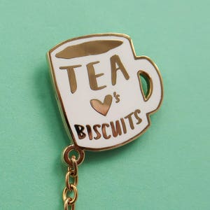 Tea Loves Biscuits Chained Enamel Pin Duo Mug Lapel Pin Cup Badge Chain Collar Clip Cookie & Tea Pin Tea Flair image 7