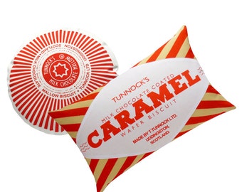 Original Tunnocks Teacake & Caramel Wafer Cushion Set - Cookie Pillows - Tunnock Caramel Bar - Mallow Biscuit Cushion