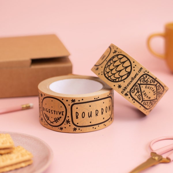 Kraft Paper Biscuits Tape - 50mm Paper Packaging Tape - Eco Friendly Illustrated Packing Supplies