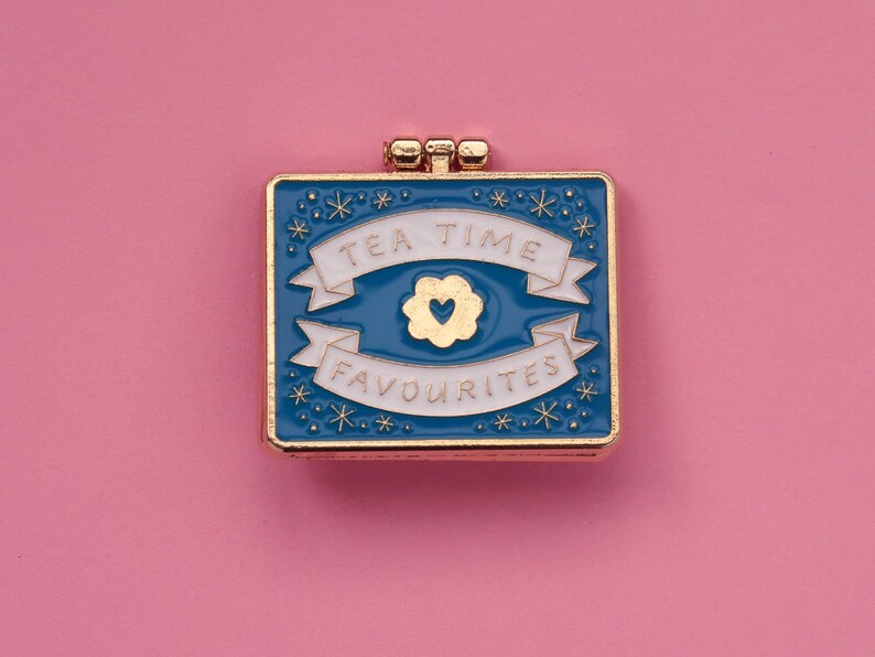 Teatime Favourites Biscuit Tin Surprise Inside Blue & Gold Enamel Pin / Pin Badge Flair Enamel Badge Cookie Pin image 7