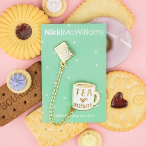 Tea Loves Biscuits Chained Enamel Pin Duo Mug Lapel Pin Cup Badge Chain Collar Clip Cookie & Tea Pin Tea Flair image 6