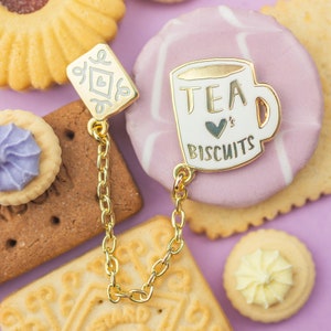 Tea Loves Biscuits Chained Enamel Pin Duo Mug Lapel Pin Cup Badge Chain Collar Clip Cookie & Tea Pin Tea Flair image 2