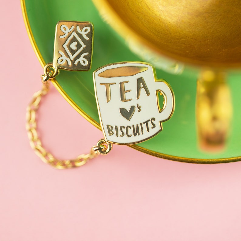 Tea Loves Biscuits Chained Enamel Pin Duo Mug Lapel Pin Cup Badge Chain Collar Clip Cookie & Tea Pin Tea Flair image 4